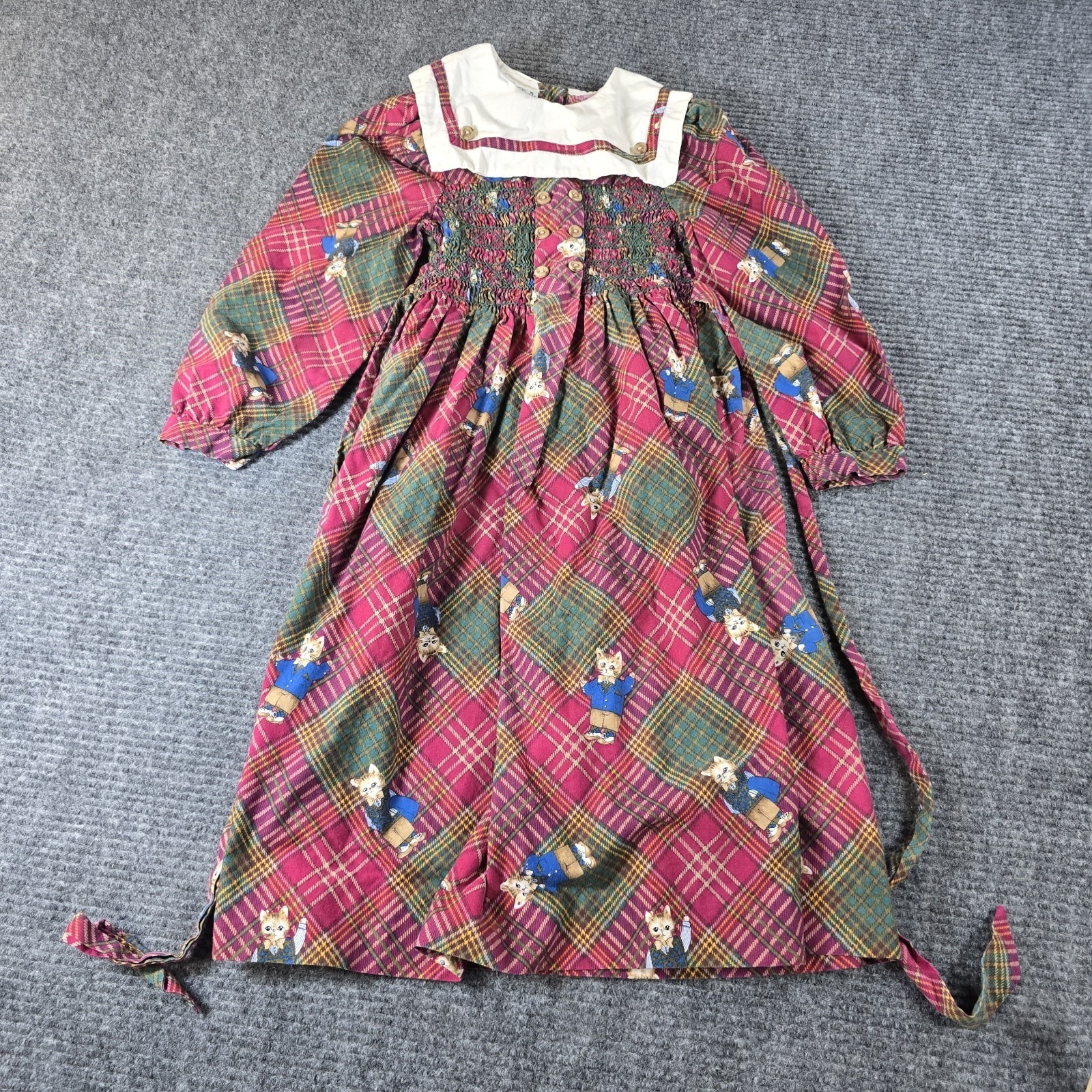 Vintage Polly Flinders Dress Size 7 Red Csts Smocked Ruffled Peter Pan Collar